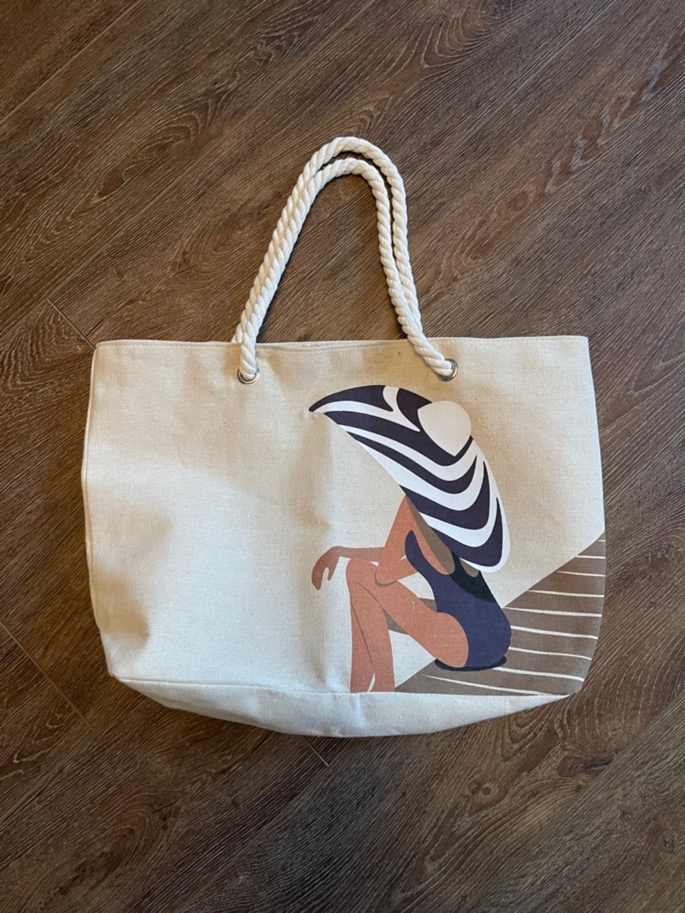 Canvas Beach Tote Bag with Rope Handles - Cream Graphic